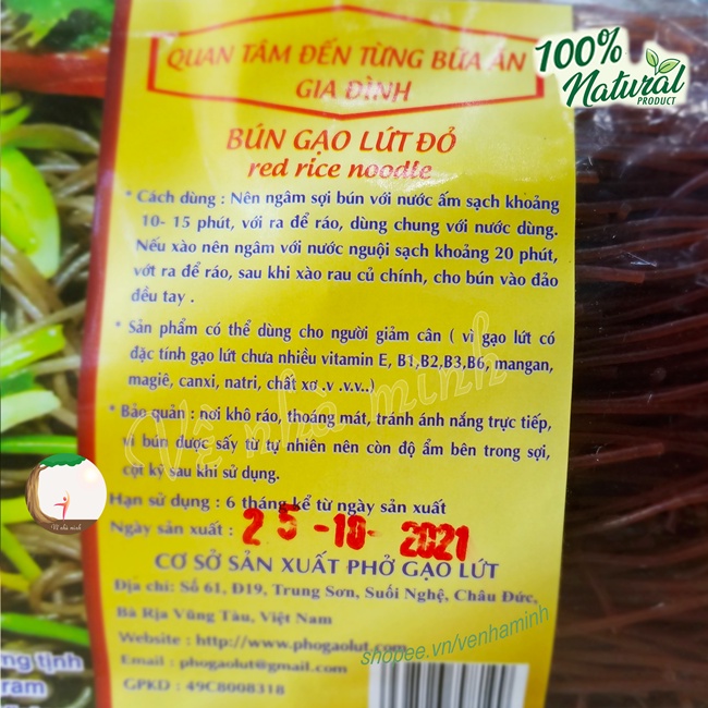 BÚN GẠO LỨT ĐỎ HỮU CƠ TỰ NHIÊN 500GR ( bún lức sợi tròn nhỏ dễ ăn cho người lớn, trẻ nhỏ, ăn kiêng, chay, thực dưỡng )