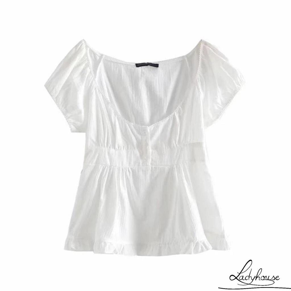 Áo Thun Tay Ngắn Cổ Thấp Xếp Ly Màu Sắc Trơn Thời Trang Mùa Hè Dành Cho Nữ