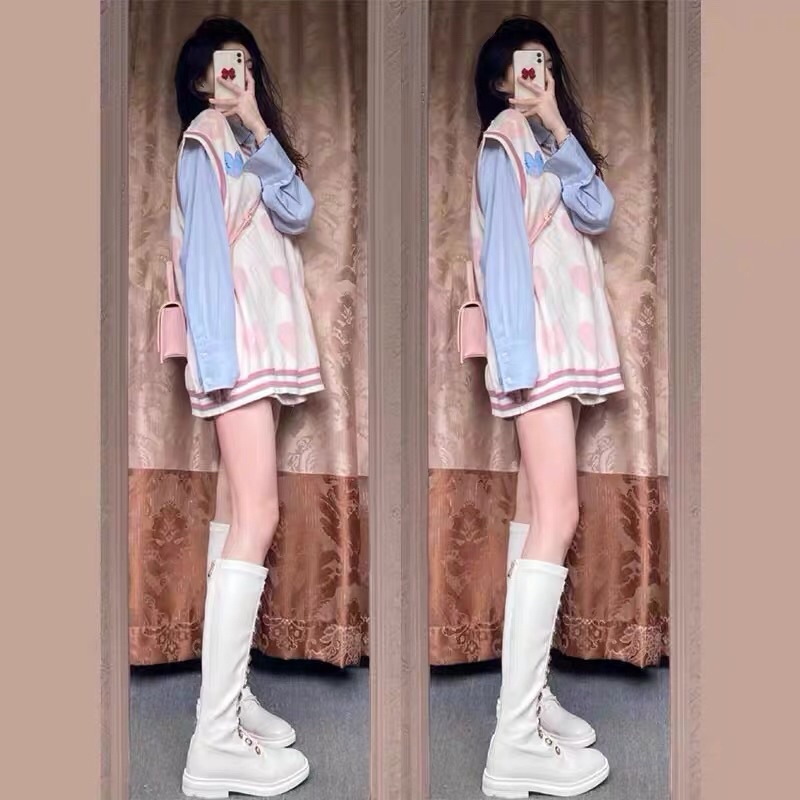 (ORDER.buiny) Set áo vest len gile MORAN form rộng phối viền màu hồng đáng yêu điệu đà Hàn Quốc (hàng mới về) | BigBuy360 - bigbuy360.vn