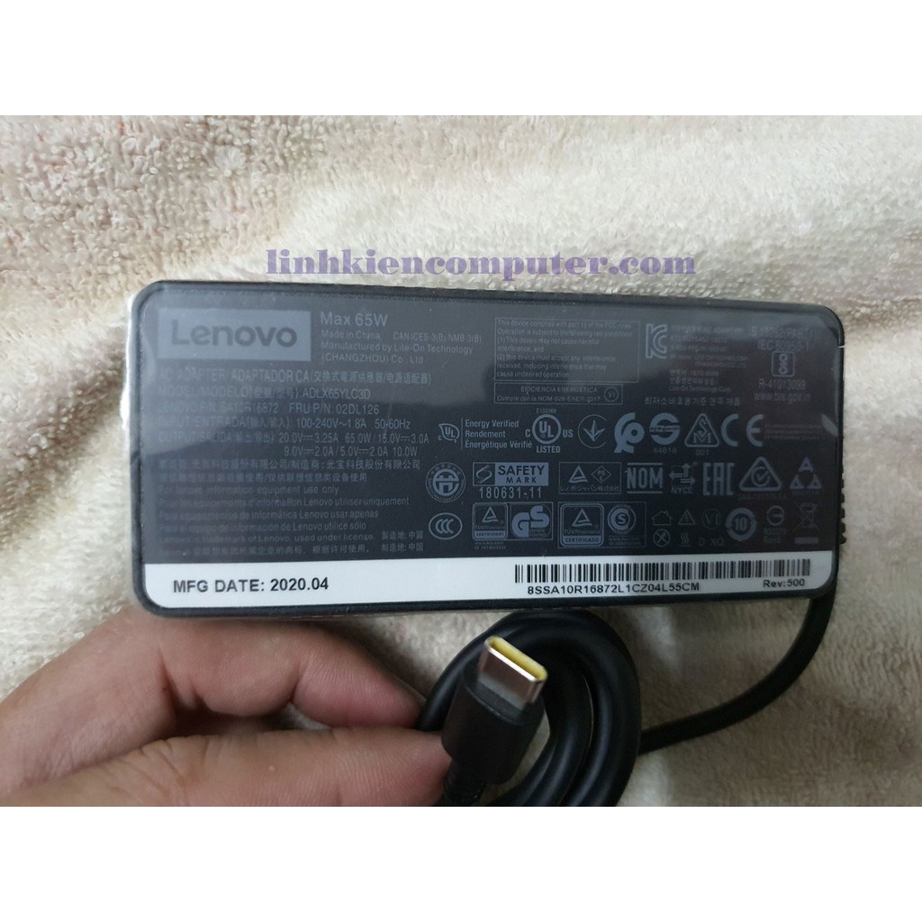 Adapter Sạc laptop Lenovo 20V - 3.25A - 65W- đầu type C dùng cho các model laptop ThinkPad X1 Carbon Gen 5, 6, 7, 8