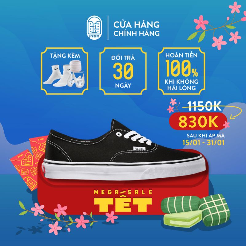 Giày sneaker Vans Authentic chính hãng màu Black White cho nam nữ, Vans real thấp cổ, fullbox Present Original Sneaker