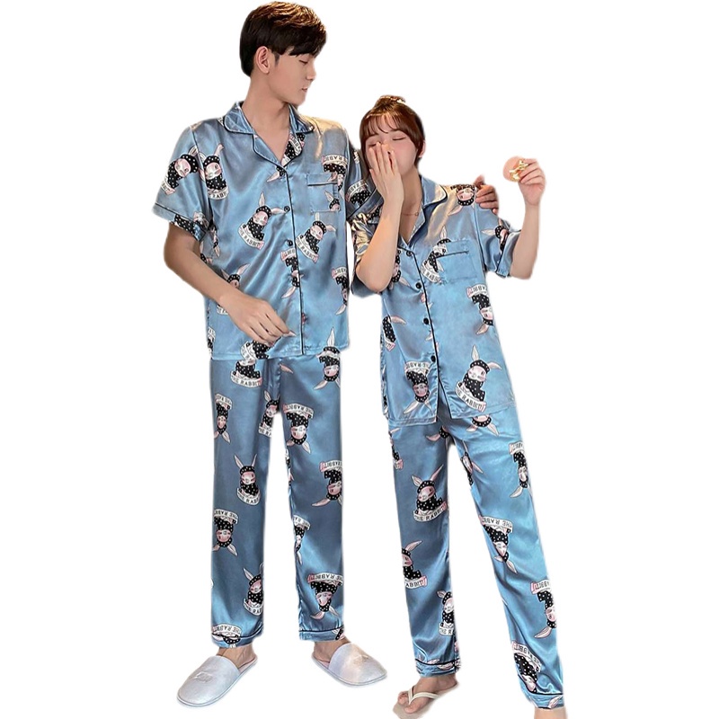 Plus Bộ Đồ Ngủ Tay Ngắn Vải Lụa Satin Thời Trang Cho Nam Và Nữ Size M-5Xl