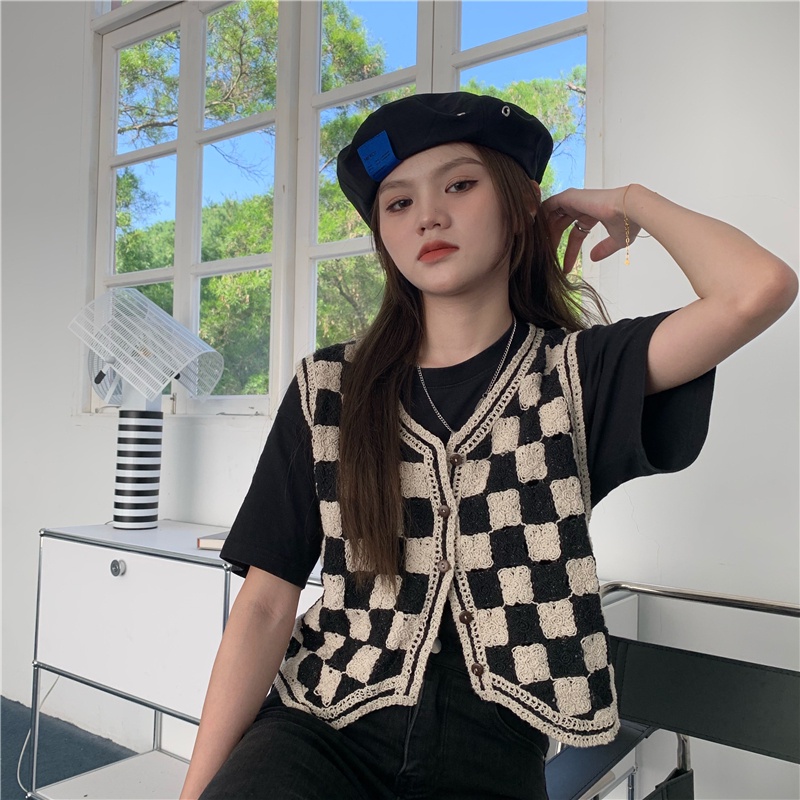 SUXI Áo Khoác Dệt Kim Không Tay Dáng Rộng Họa Tiết Kẻ Ô Phong Cách Hàn Quốc Thời Trang Mùa Thu Cho Nữ