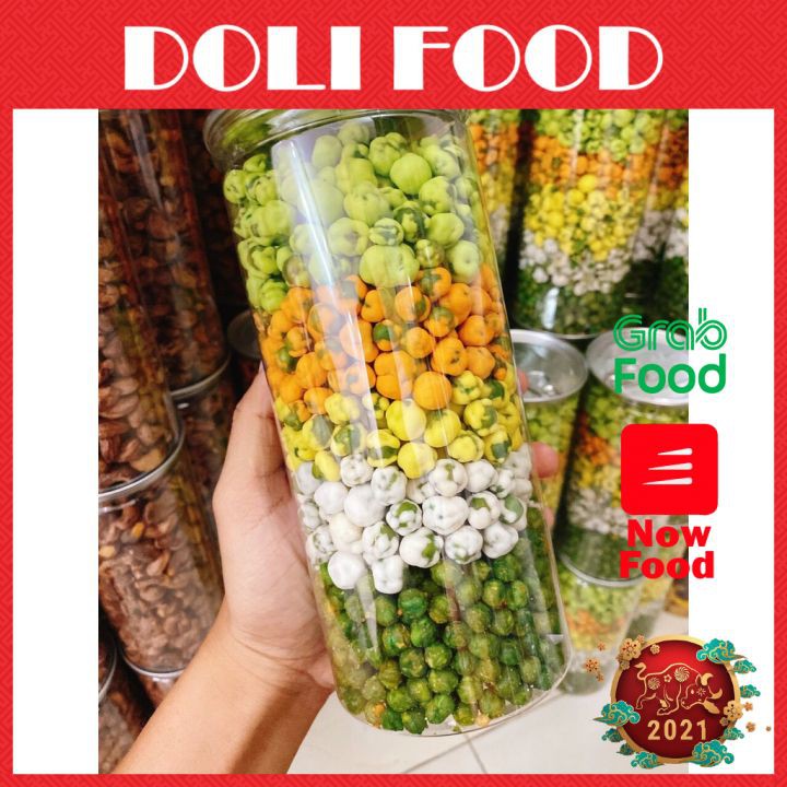 Đậu Hà Lan MIX 5 vị, tỏi ớt, wasabi, sữa, phô mai, sầu riêng, hủ pet 450gr, Đồ ăn vặt DOLI FOOD