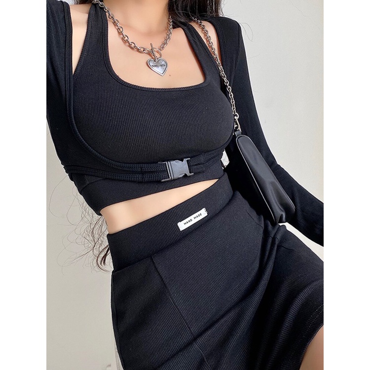 Set croptop áo thun lạnh cá tính dài tay