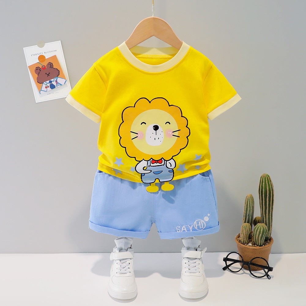 SET ÁO THUN BÉ TRAI, ÁO PHÔNG, THUN COTTON TRẺ EM HÌNH CON VẬT VÀ QUẦN DENIM CHỮ SAY HI SIZE TỪ 1-4 TUỔI S1177