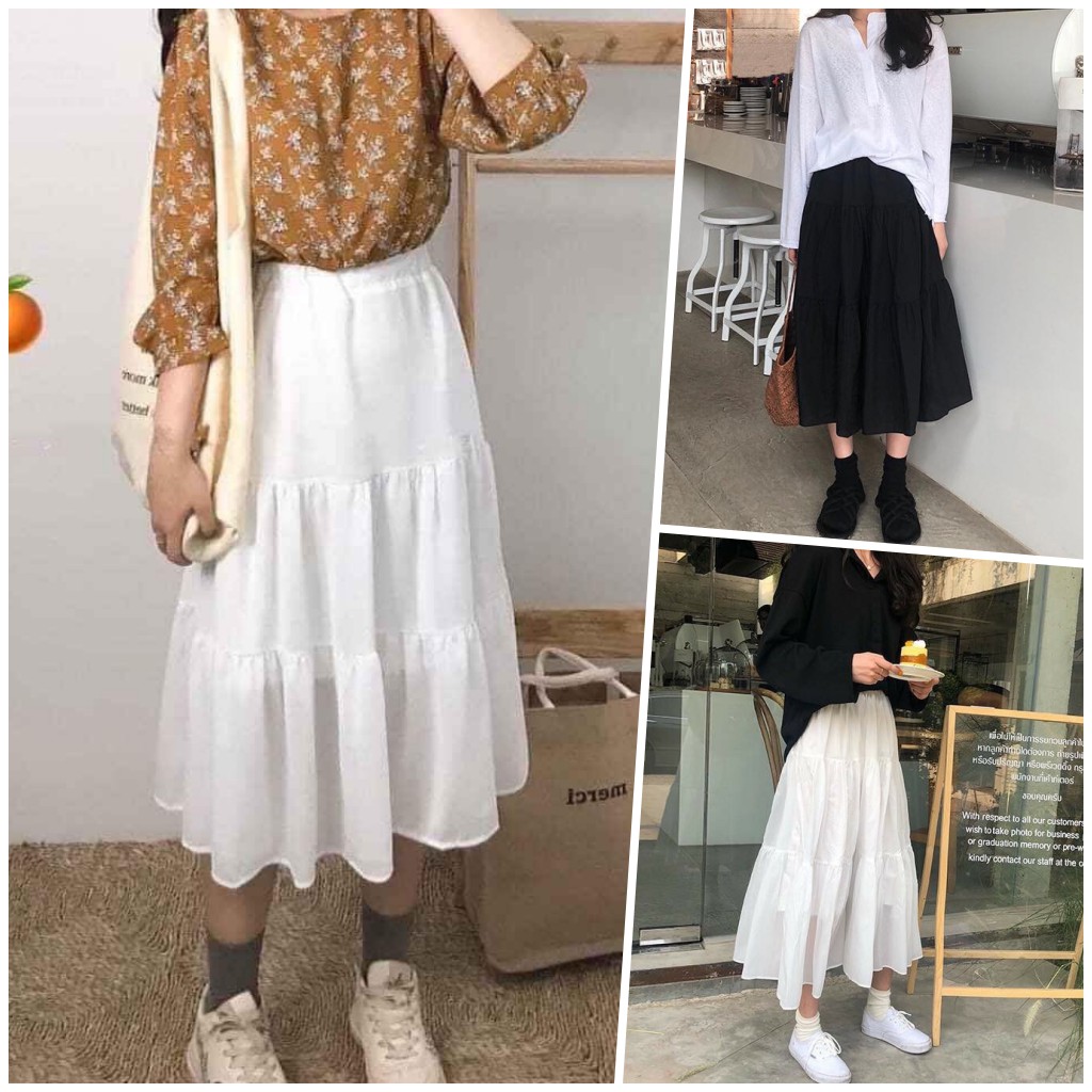 Chân Váy Dài 🐷FREESHIP🐷 Chân Váy Vintage Màu Đen Trắng - Chân Váy Voan Tầng LAVUSA CV02
