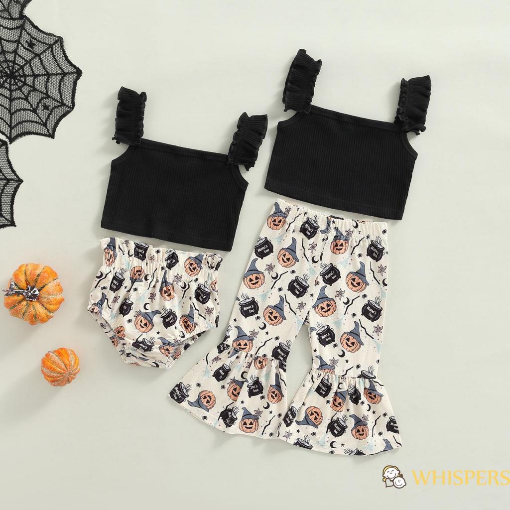 Set Đồ Halloween 2 Món Gồm Áo Sát Nách + Quần Ngắn Ống Loe In Họa Tiết Bí Ngô Cho Bé Gái 0-5 Tuổi