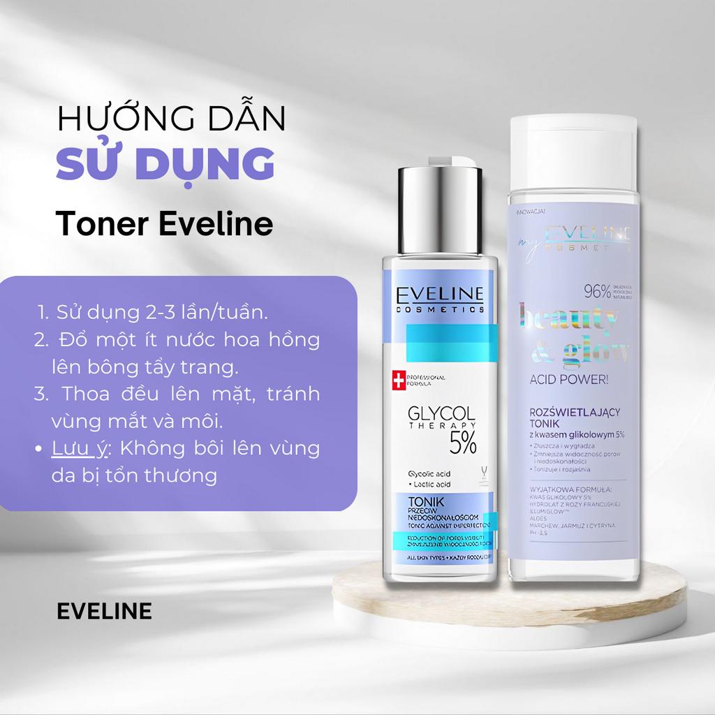 Toner Eveline 5% Glycolic acid làm da căng bóng, sáng mịn, mờ thâm sạm