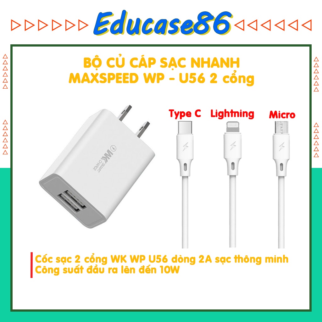 Bộ sạc nhanh WP-U56 2 cổng sạc 2A,chân kết nối Micro,Type C,,Sạc được 2 máy cùng lúc-Educase86