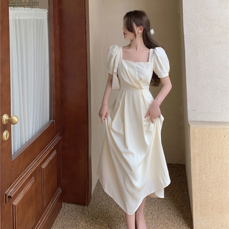 Đầm Trắng Tay Phồng Dáng Dài Kiểu Pháp Thiết Kế Đơn Giản Cho Nữ