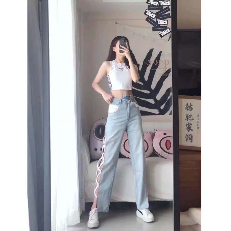 Quần jean lưng cao ống rộng thiết kế thời trang phong cách cá tính cho nữ