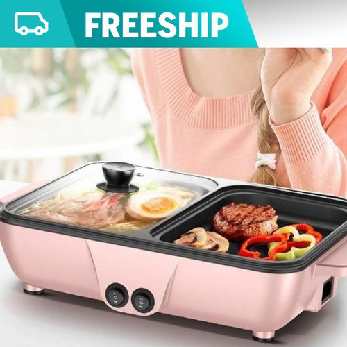 Bếp lẩu nướng  Freeship  Bếp lẩu nướng đa năng, Lò nướng điện 2 ngăn ( 2 mẫu ngẫu nhiên )