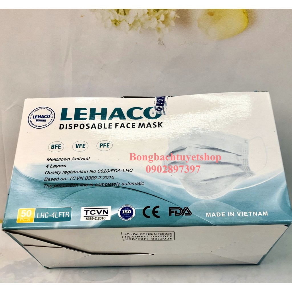 Khẩu trang Màu Trắng Lehaco 4 lớp kháng khuẩn 50 cái/ hộp - Khẩu trang y tế Lehaco