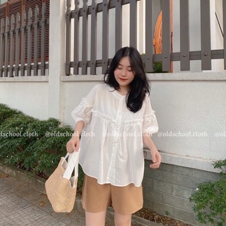 Áo bánh bèo sơ mi nữ màu trắng, áo tiểu thư ulzzang, áo sơmi nữ đẹp form rộng tặng quần kaki