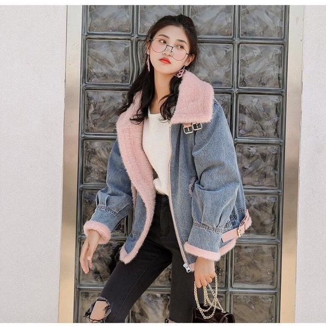 Áo khoác bò lót lông thu đông phong cách hàn quốc thời trang quảng châu cao cấp