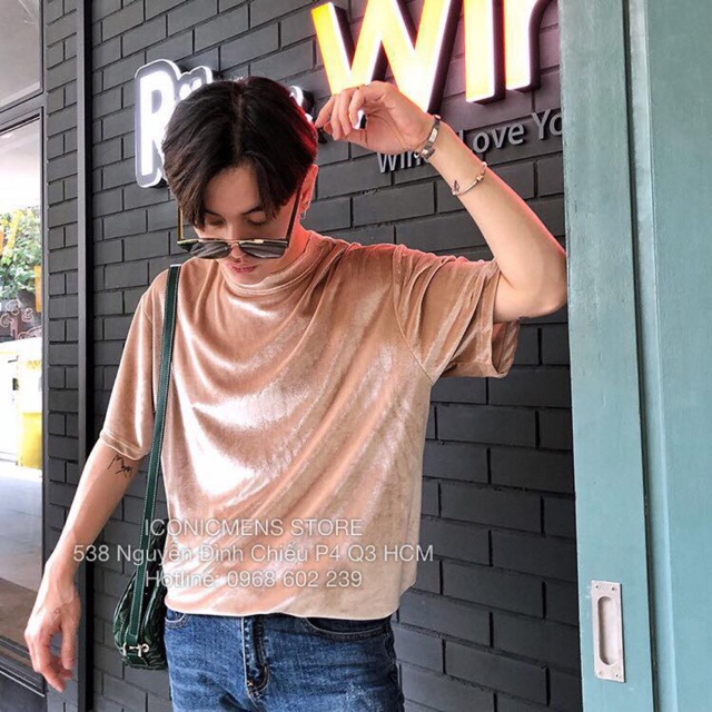 Áo thun nhung unisex fom rộng, màu kem