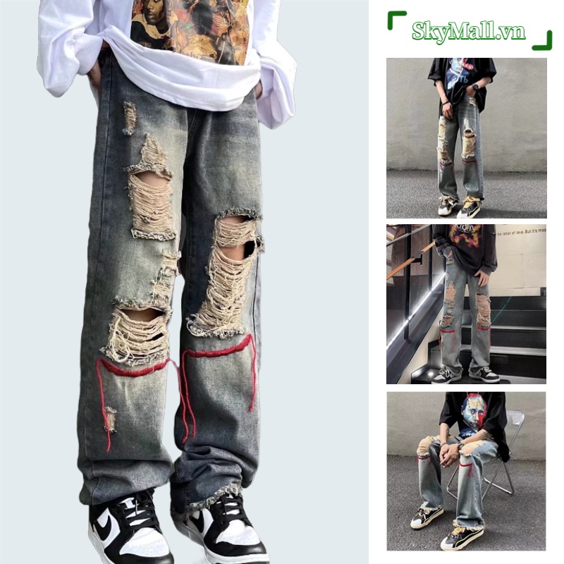 Quần Jeans nam bigsize quần bò nữ cao cấp quần jean Nam rách gối hàn quốc simple quần jean nam ống suông