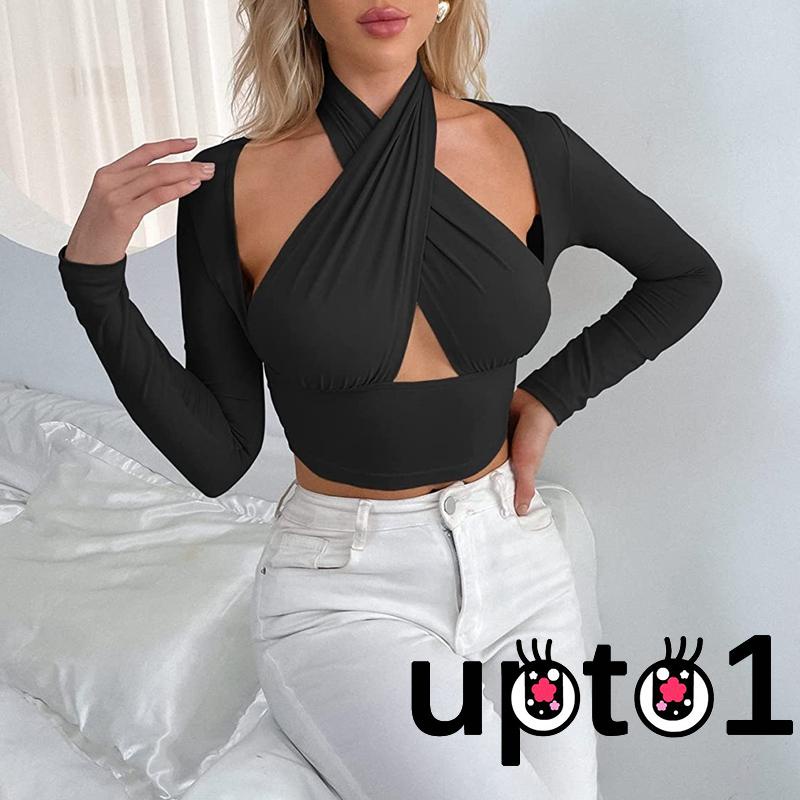 Áo thun dáng ngắn tay dài khoét vai màu trơn thời trang dành cho nữ