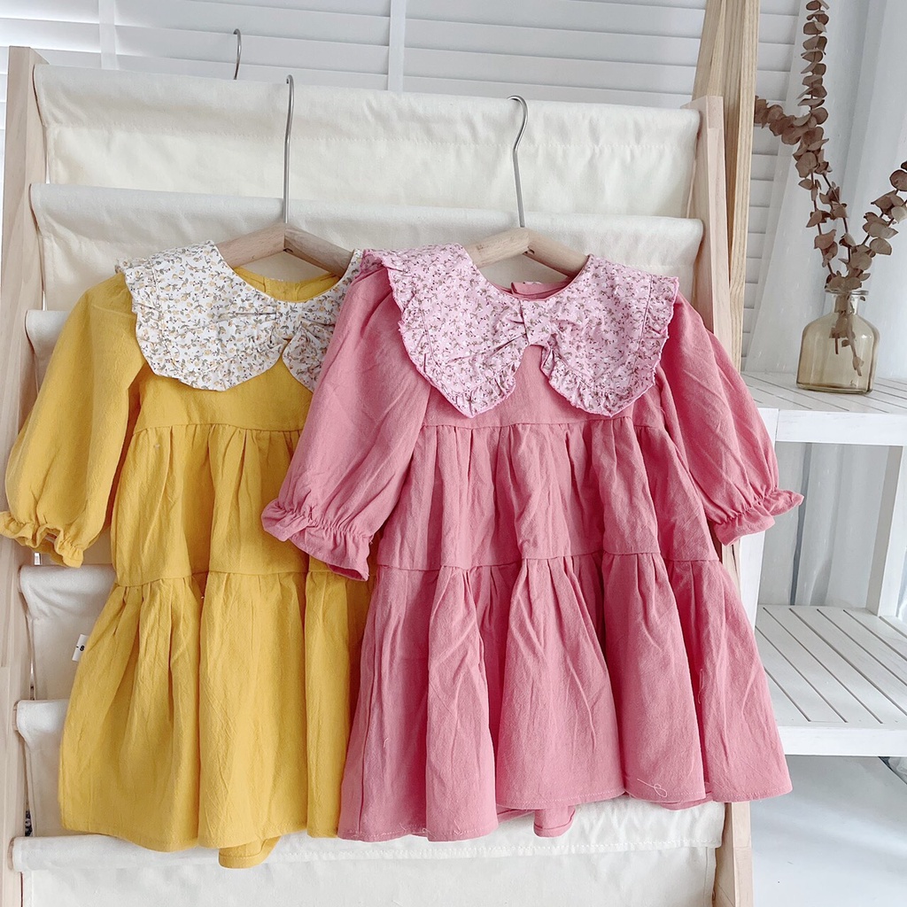 Váy thu dài tay chất thô mỏng màu trơn, cổ thắt nơ cho bé gái 1-5 tuổi