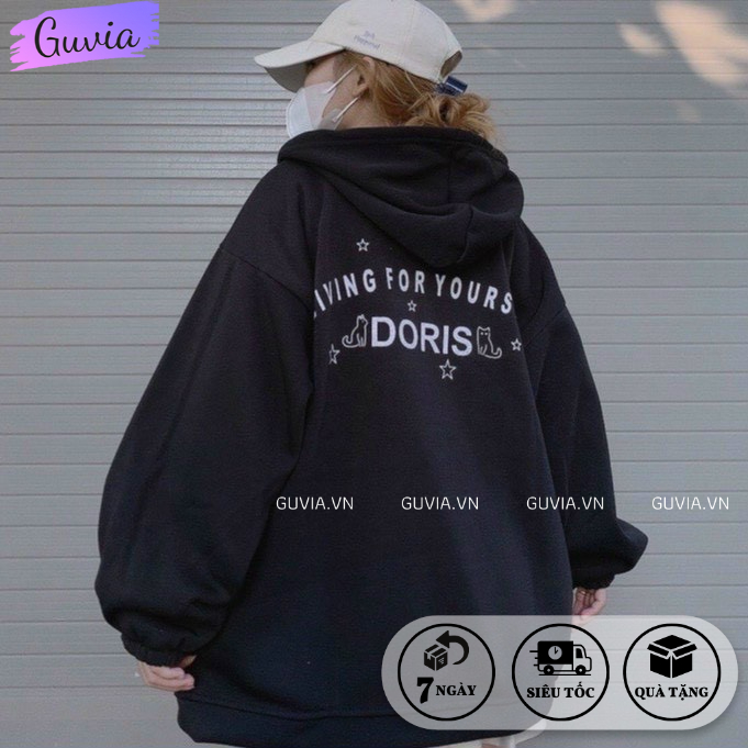 Áo Khoác Nỉ Hoodie DORIS Nam Nữ Ulzzang Unisex Tay Rộng, Áo Khoác Dây Kéo Form Rộng GUVIA