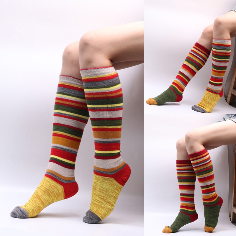 Xiangbao Vớ Cotton Mỏng Cao Đến Đầu Gối Họa Tiết Sọc Cầu Vồng Nhiều Màu Sắc Cho Nữ