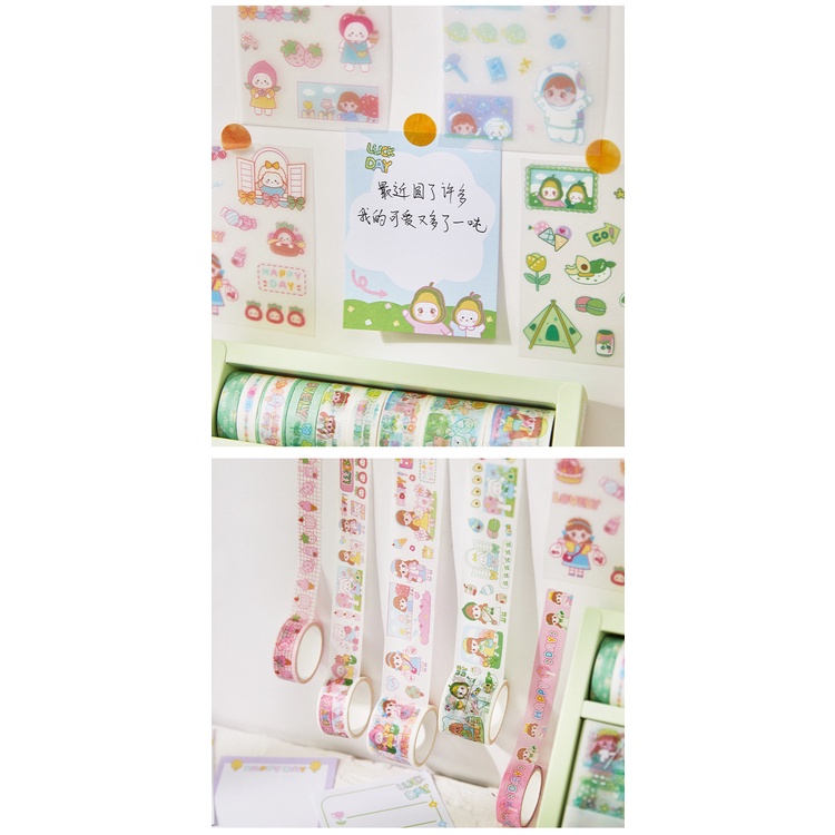 Cuộn washi, sticker và giấy note nguyên bộ