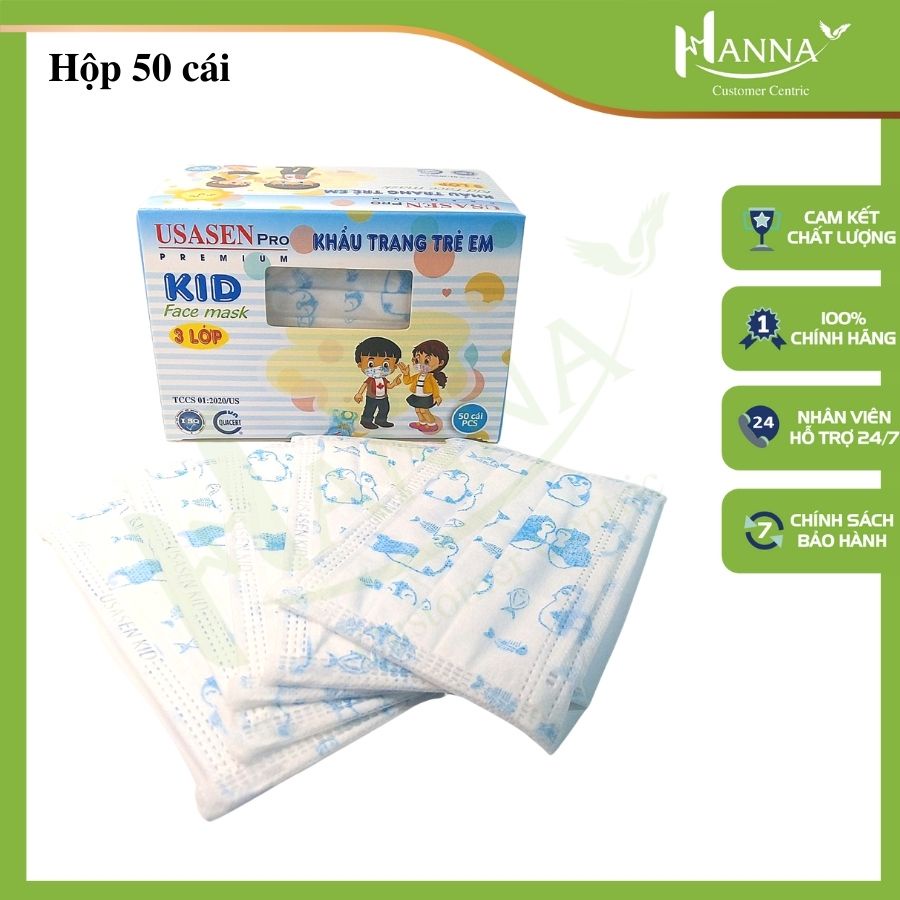 Khẩu trang y tế trẻ em Usasen (Hộp 50 cái), kháng khuẩn, tiệt trùng, bảo vệ sức khỏe cho trẻ - Hanna Official