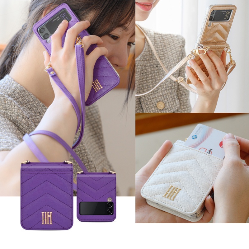 Ốp điện thoại da có ngăn thẻ hoạ tiết chữ V cho Samsung Galaxy Z FLIP 4 / Z FLIP4 5G / Z FLIP 3 / Z FLIP3 5G