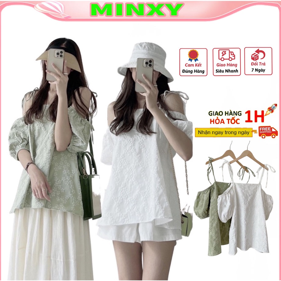 Áo 2s trễ vai hoa gấm buộc dây có thể điều chỉnh hàng quảng châu cao cấp-Minxy shop