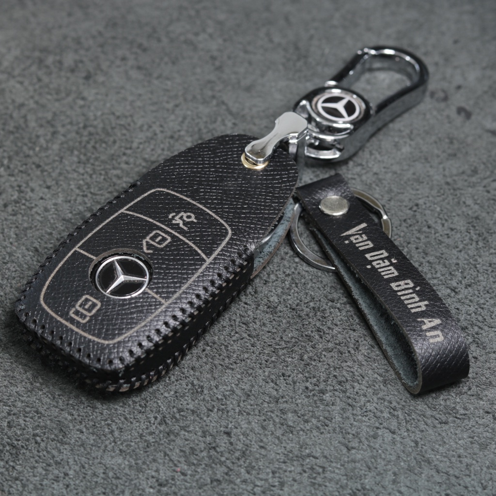 Bao da móc khoá bọc ốp chìa khóa xe ô tô Mercedes, da bò, nhiều màu, khâu thủ công Mer23
