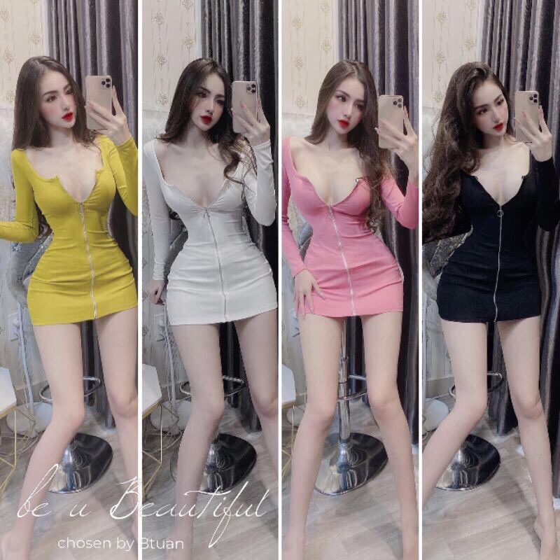 Đầm Body Cổ Vuông TD Xỏ Ngón Kéo Khoá Ngực Sexy - DZ13