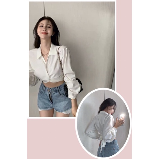 Áo Sơ Mi Croptop Trắng Dài Tay Cột Eo Phong Cách Retro (ảnh thật)