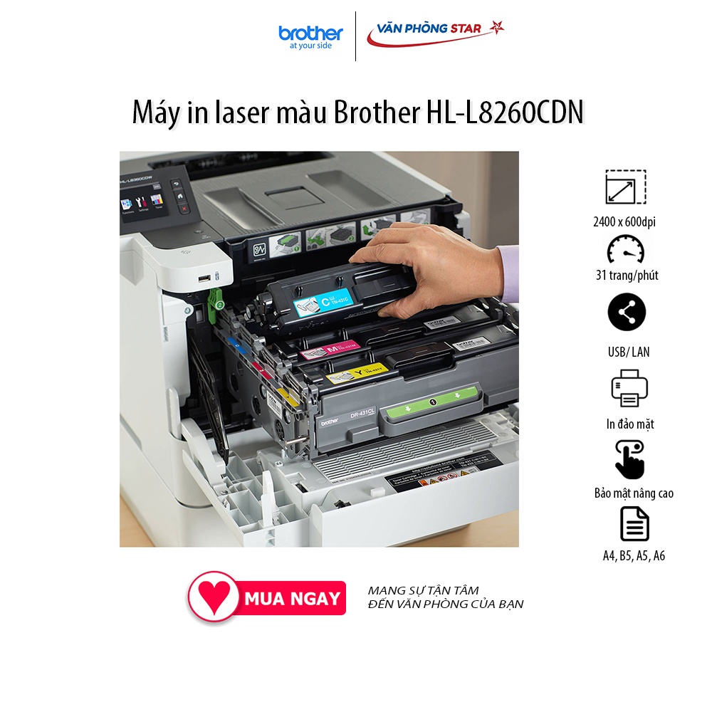 Máy in laser màu Brother HL-L8260CDN tốc độ 31 trang/phút đảo mặt tự động tại vanphongstar độ phân giải 2400 x 600