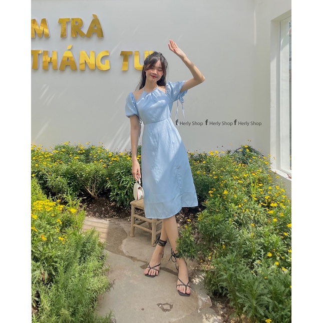 ĐẦM MIDI CỔ YẾM TAY BỒNG XẺ TÀ