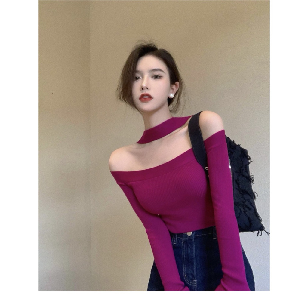 Áo len nữ Hàn Quốc dài tay đẹp giá rẻ trễ vai quyến rũ ALN007