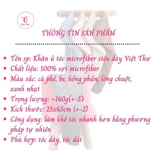 Khăn ủ tóc nhanh khô VIỆT THƯ, khăn quấn tóc MICROFIBER 2 lớp siêu dày, siêu mềm, siêu thấm, 25x65cm, 160gr