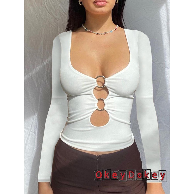 Áo Crop Top Dài Tay Khoét Lỗ Gợi Cảm Cho Nữ OKDK-y2k