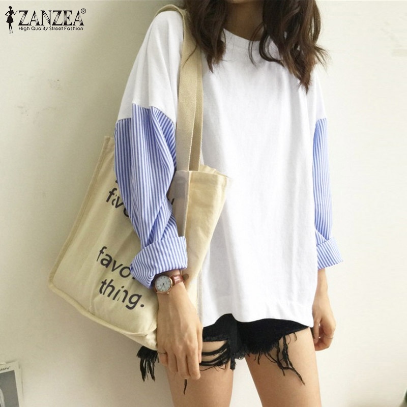 Áo kiểu ZANZEA dáng rộng tay dài ghép nối kẻ sọc thời trang thông thường dành cho nữ