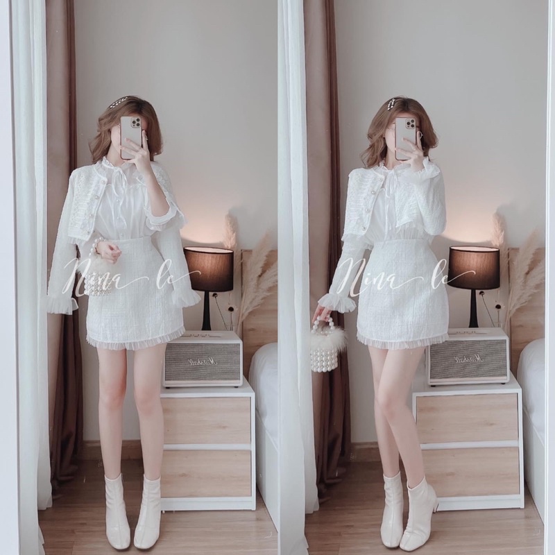 SET 3 MÓN BỐ: KHOÁC NGOÀI VIỀN CỔ TAY VOAN+ SƠ MI TRẮNG CỔ BÈO + CHÂN VÁY | BigBuy360 - bigbuy360.vn