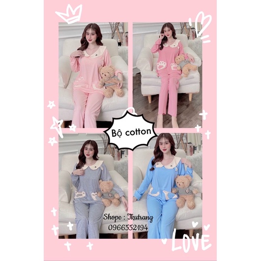 Bộ bầu có vén ngực cho béti sau sinh - bộ mặc nhà - chất liệu cotton kiểu Hàn Quốc họa tiết lá sen tai gấu