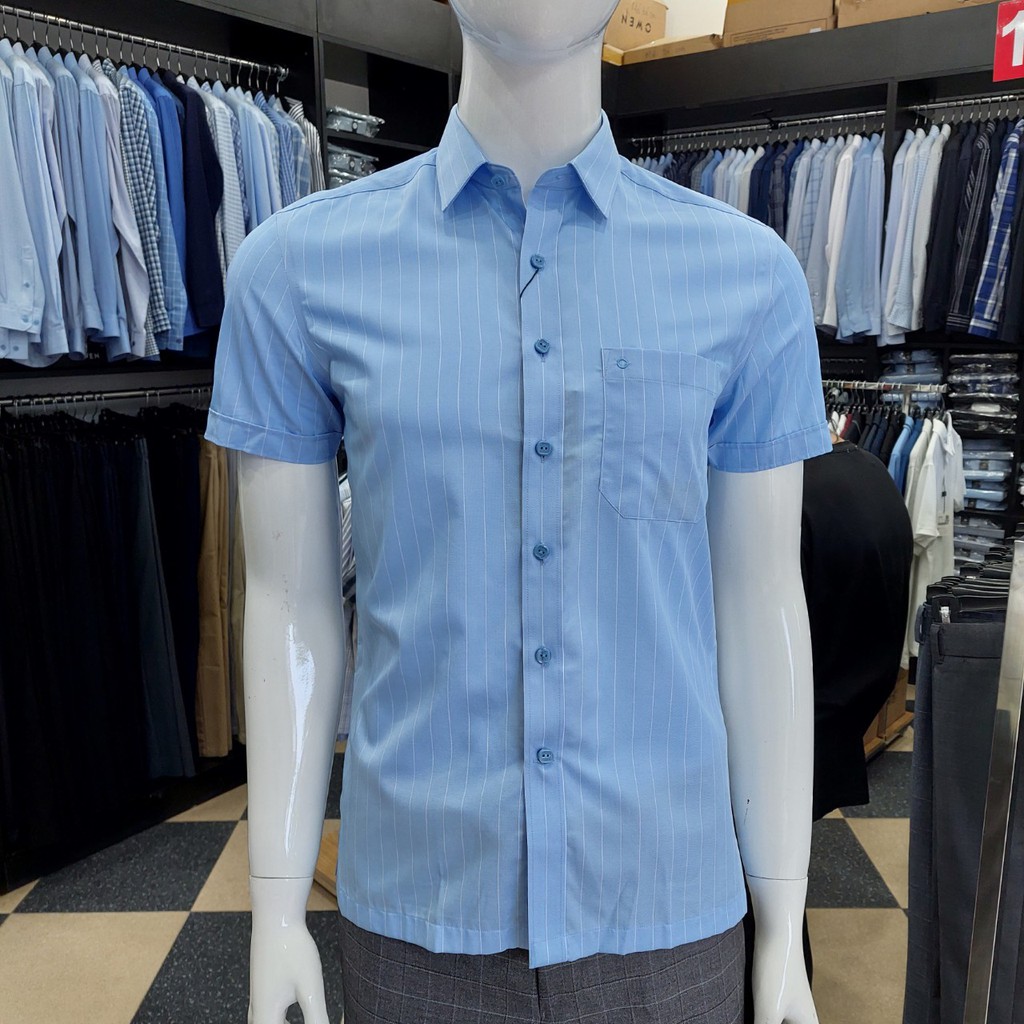 Áo Sơ Mi Nam Ngắn Tay Owen BA20629NT Somi Cộc Tay Công Sở Cao Cấp Màu Xanh Kẻ Sọc Trắng Sợi Tre Dáng Body Fit Tà Bằng | BigBuy360 - bigbuy360.vn