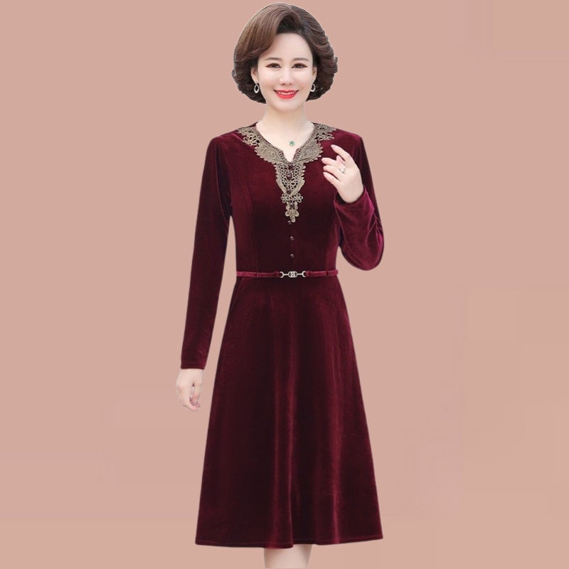 Váy Nhung Đỏ Nữ Đầm Nhung Dài Qua Gối Tay Dài Phong Cách Mới Xuân Thu Cho Phụ Nữ Trung Niên
