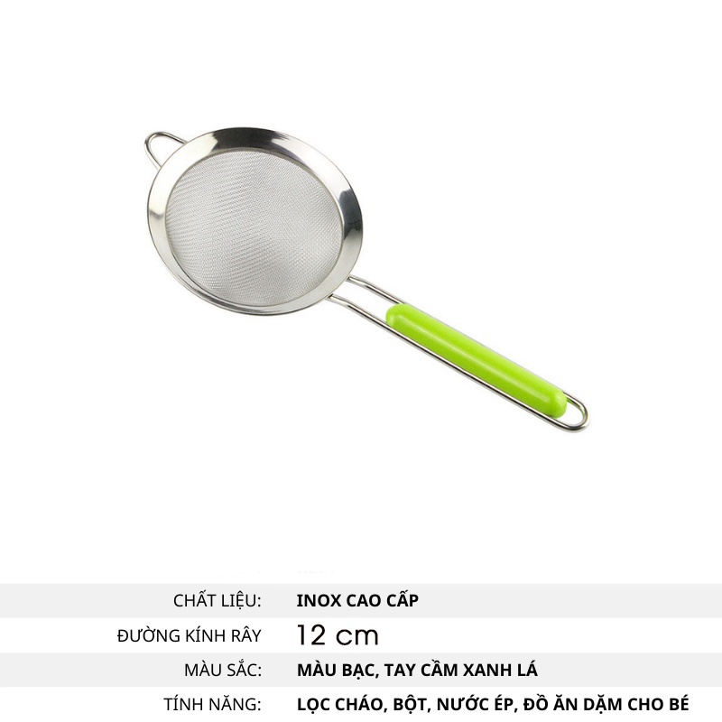 Rây lọc viền Inox cán xanh cao cấp cho bé Lọc bột cháo, nước ép, thức ăn dặm cho bé