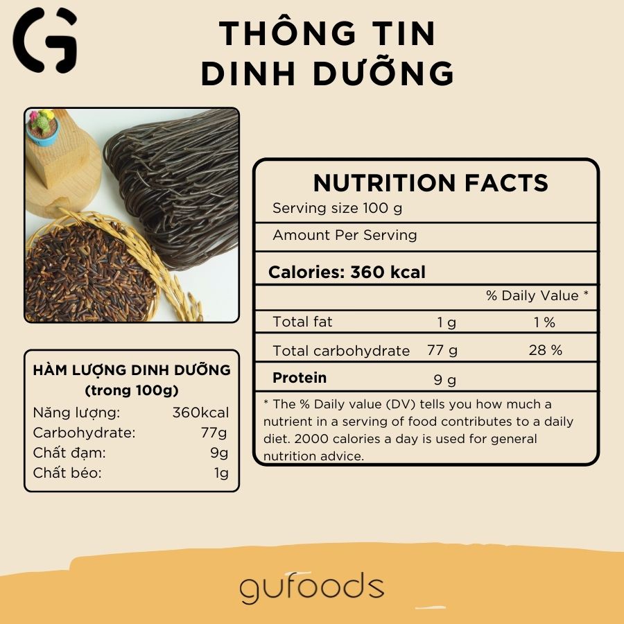 Bún gạo lứt ăn kiêng GUfoods (huyết rồng/đen) - Giảm cân, Thực dưỡng, Eat clean (250g/500g)