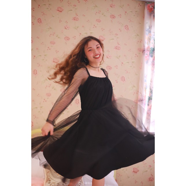 VÁY ĐI CHƠI CHẤM BI - LANA DRESS - VÁY TAY CHUN REN NHỆN ĐEN | BigBuy360 - bigbuy360.vn