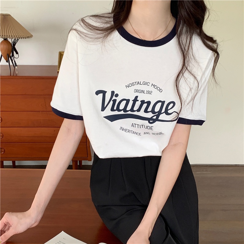 Áo thun SUXI cotton tay ngắn dáng rộng in chữ phối màu sắc tương phản thời trang mùa hè cho nữ