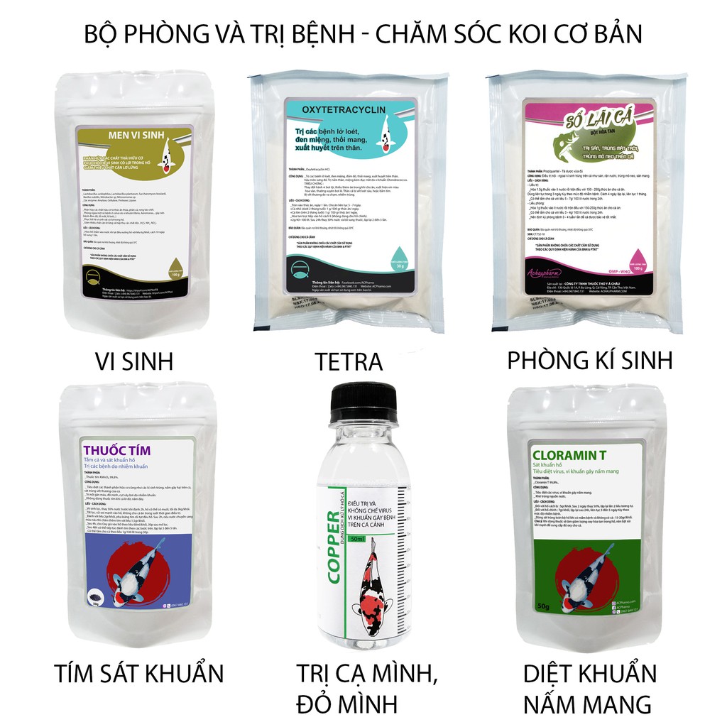 Bộ sản phẩm cơ bản dành cho cá Koi - Combo khẩn cấp cho cá Koi - Koi đỏ mình, tuột nhớt, ký sinh, lở loét, nấm man