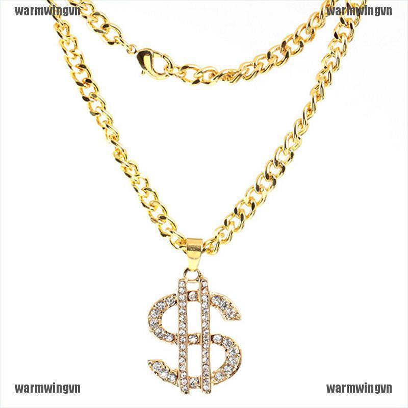 Gold Plated Crystal Dollar Sign Pendant Necklace Gangster Pimp Hip Hop Chain ingvn