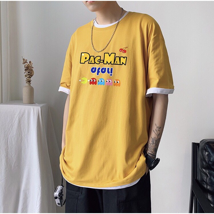Áo phông nam nữ form rộng 2N Unisex thun cotton in chữ Pacman màu trắng/vàng